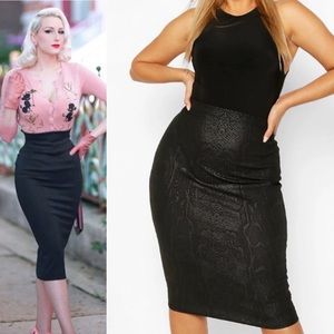 Rockabilly style inspo black pencil skirt. Snake print curve hugging